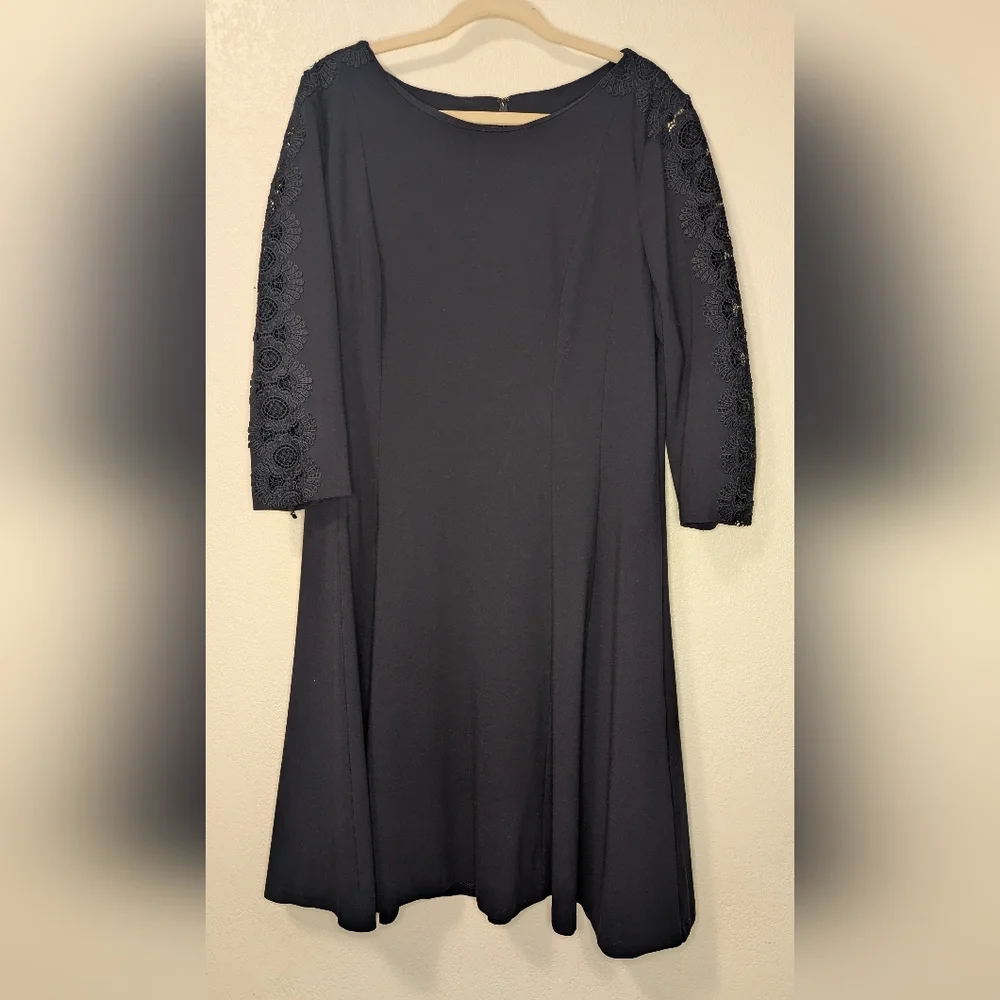 Talbot's Lace Sleeve Ponte Fit & Flare Navy Dress - Picture 2 of 8